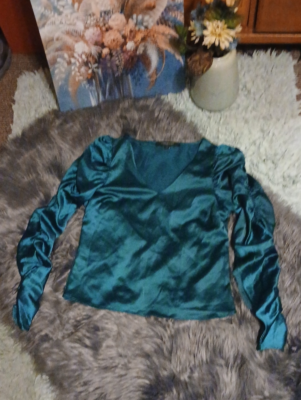 Marc New York Satin V‑Neck Blouse in Teal Green